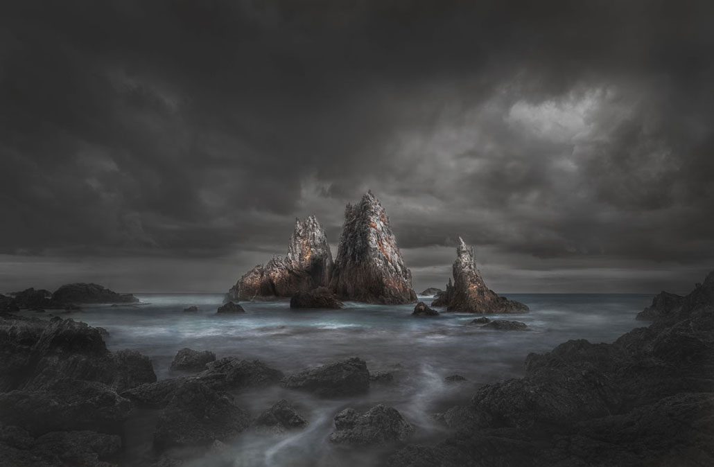 Stormy view of rocky oceanscape