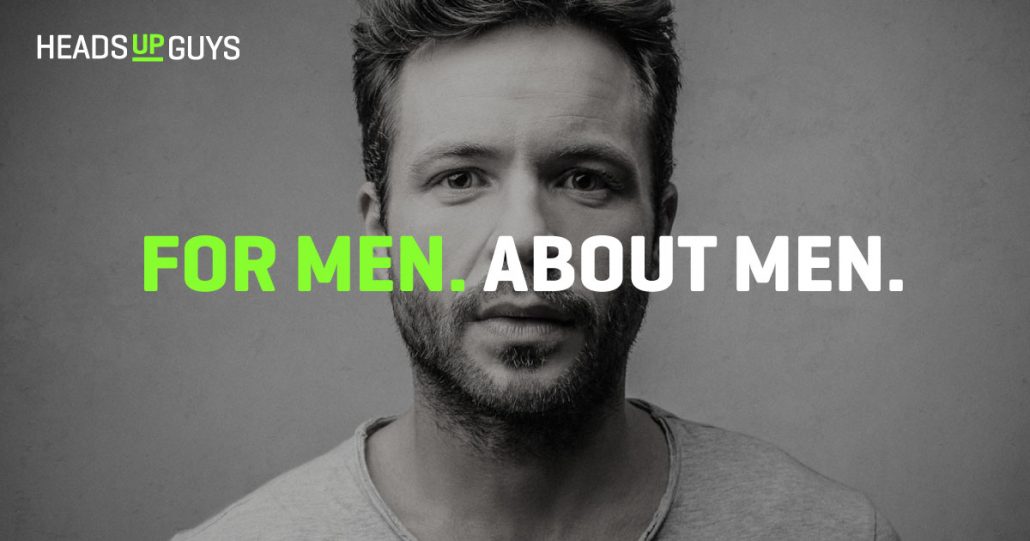 Man starring at camera, with "For Men. About Men" text overlaid