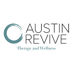 Text saying Austin Revive, Therapy and Wellness, next to a swirling circle design