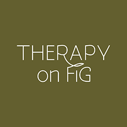The words "Therapy on Fig" in a light sans-serif font on an olive background